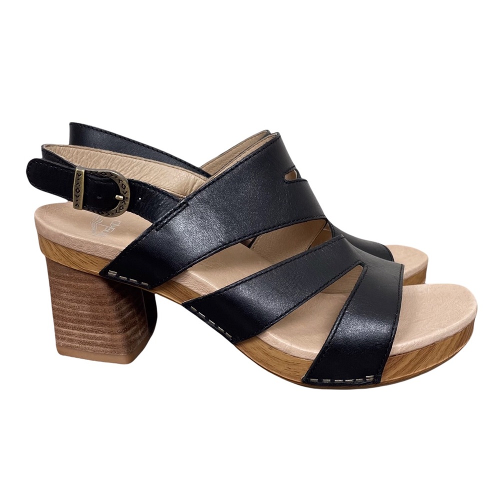 Dansko Ashlee Black Burnished Calf Leather Strappy Comfort Sandals Chunky Heel 9